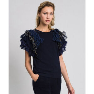 Twinset Milano Cashmere Blend Sweater Knitted Fringe, Crepon, Georgette Ruffles